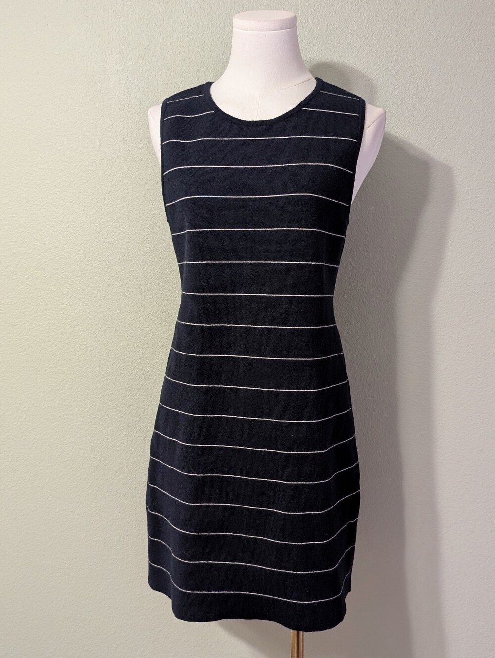 THEORY Navy Blue White Stripe Sleeveless Sheath Dress Wool Medium - Picture 2 of 9
